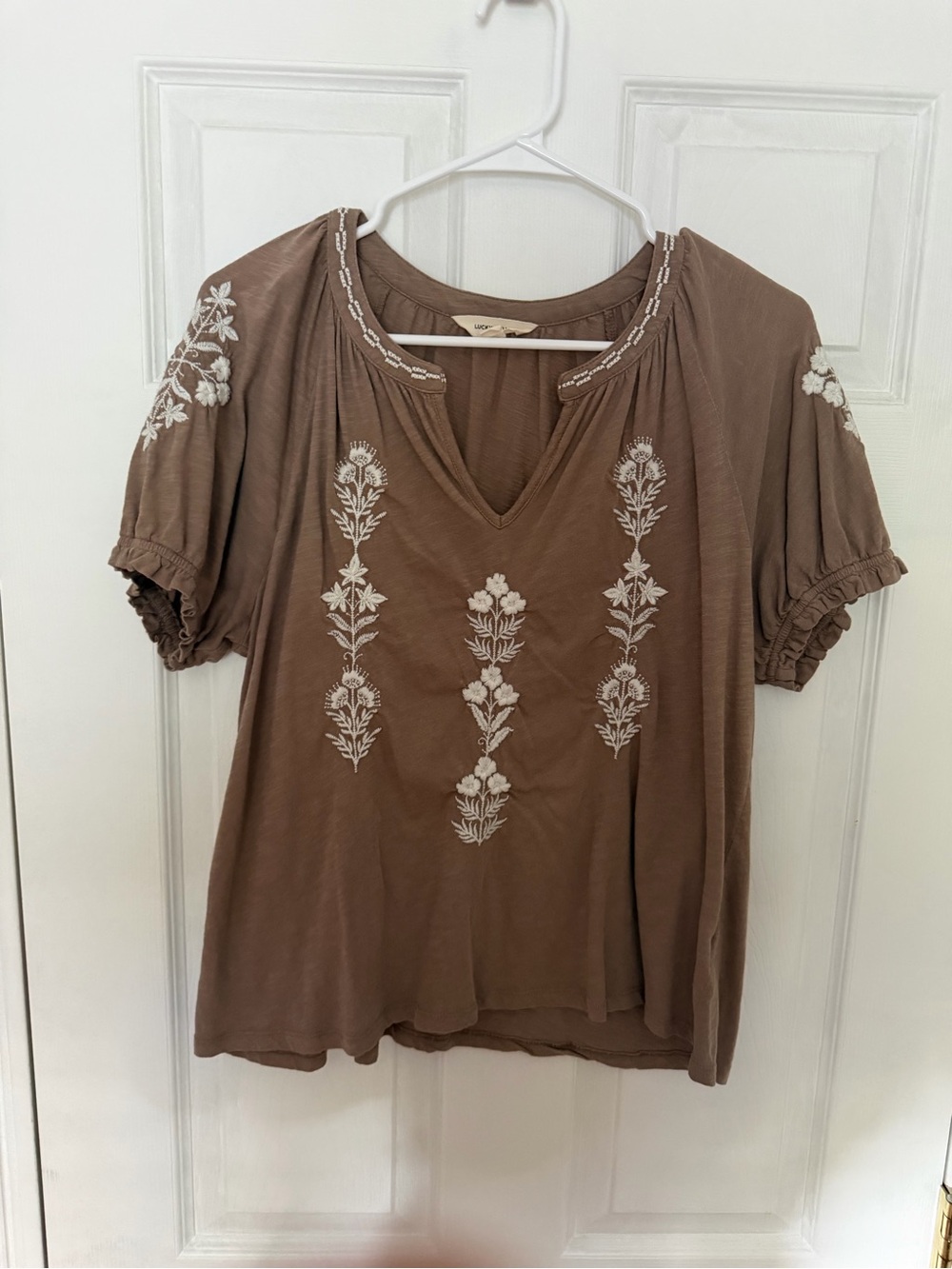 Lucky Brand Brown Embroidered V-Neck Boho Top
